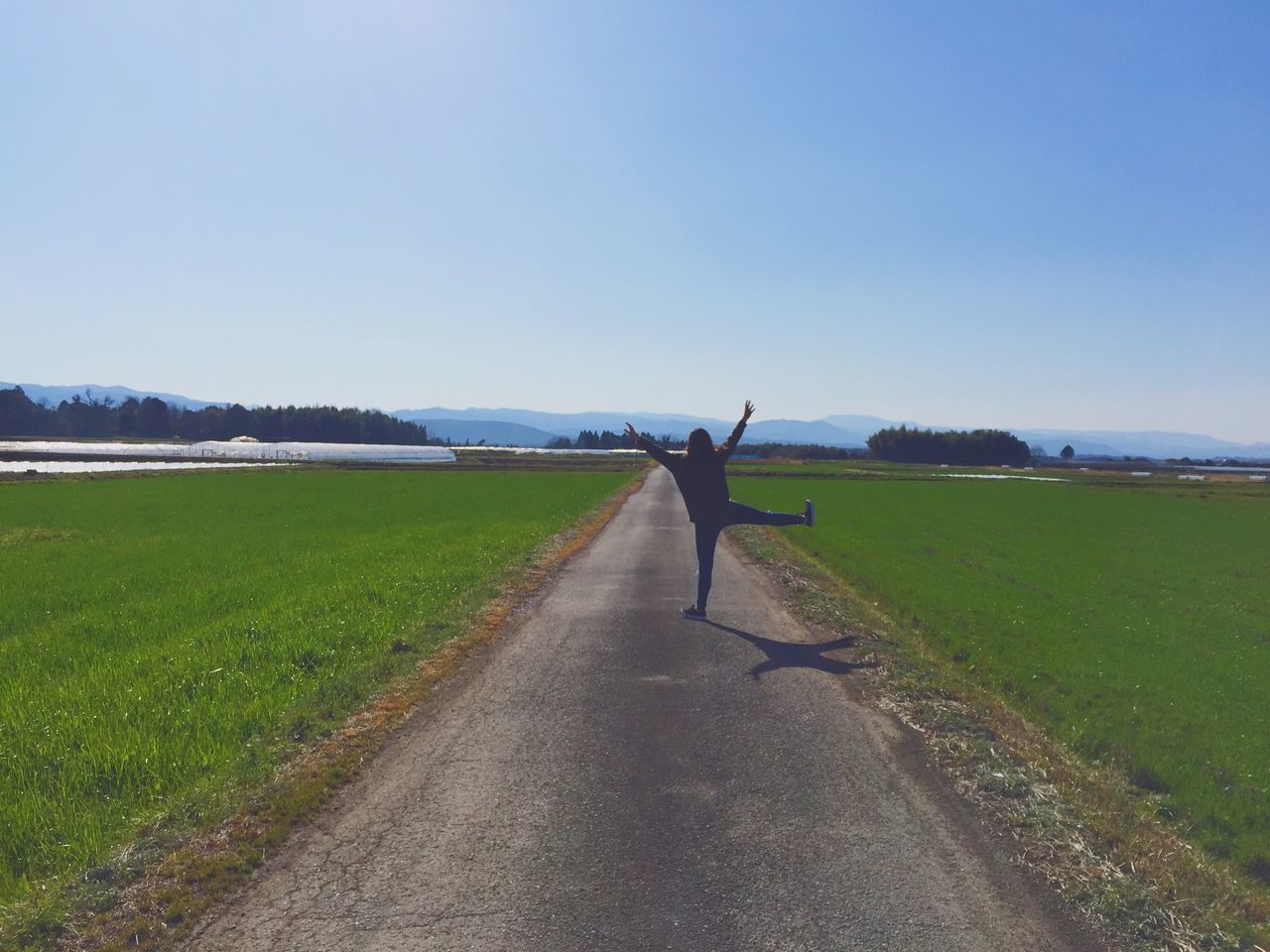 clear sky, grass, copy space, the way forward, field, landscape, road, transportation, tranquility, tranquil scene, diminishing perspective, country road, grassy, blue, vanishing point, nature, rural scene, green color, dirt road, scenics