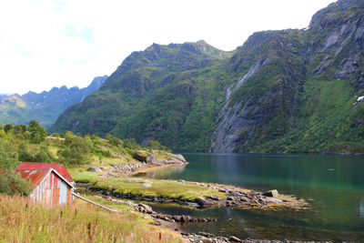 Scenic view of lake and mountains against sky