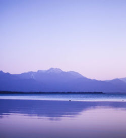 Scenic view of lake and mountains against clear sky
