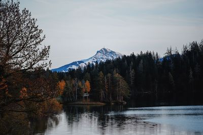 Scenic view of lake by snowcapped mountains against sky