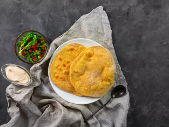 High angle view of breakfast on table