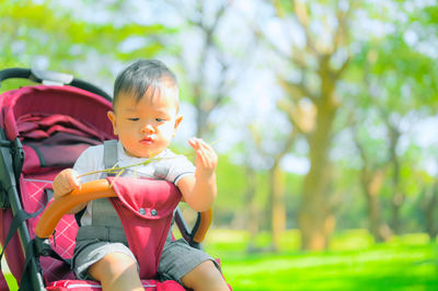 Portrait of cute boy sitting toy against trees