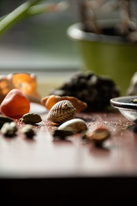 Close-up of ornaments on the table 