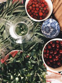 High angle view of fruits in bowl on table