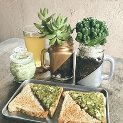 High angle view of fresh sandwich in plate on table