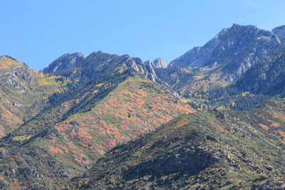 Scenic view of mountains against clear blue sky