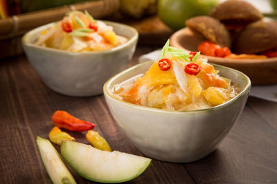 Close-up of food in bowls on wooden table