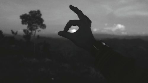 Close-up of silhouette hand against sky