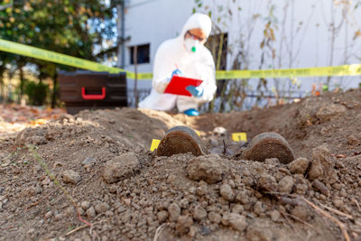 Surface level view of corpse in backyard