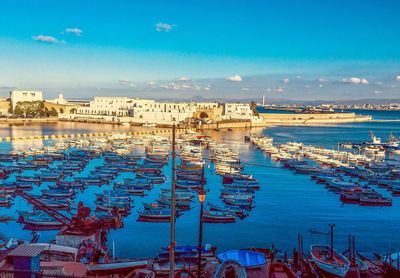 High angle view of marina at harbor