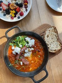 High angle view of breakfast served on table