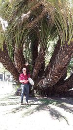 Portrait of happy girl standing on tree