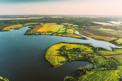 High angle view of landscape against sky during sunset