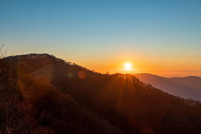 Scenic view of mountains against clear sky during sunset