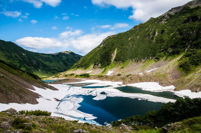 Scenic view of river and mountains during winter