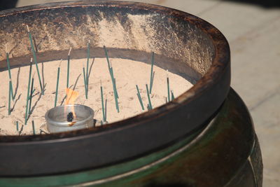 High angle view of old rusty container