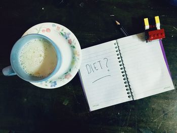 High angle view of coffee on table