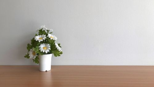 Flower vase on table against white wall