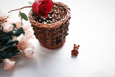 Close-up of red roses in basket