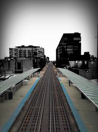 Railroad tracks amidst buildings in city against clear sky