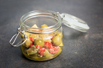Close-up of drink in glass jar on table