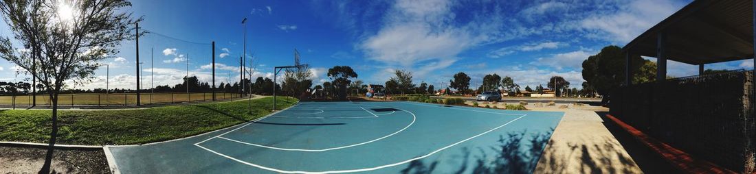 Panoramic view of basketball court against sky