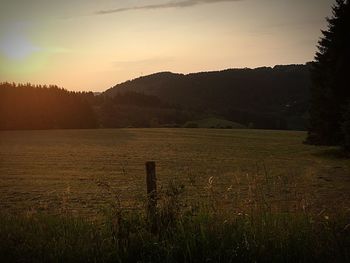 Scenic view of field against sky at sunset