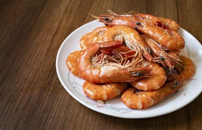 High angle view of seafood in plate on table