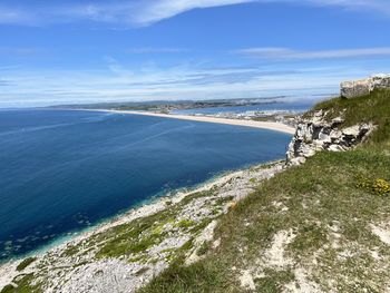 Scenic view of sea against sky, island coastline 