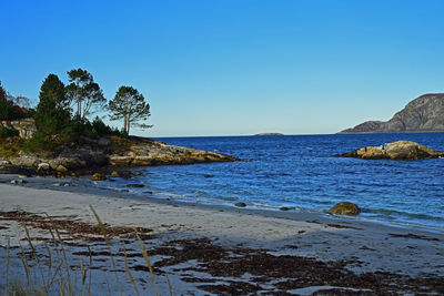 Scenic view of sea against clear blue sky