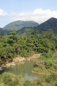 Scenic view of river against cloudy sky