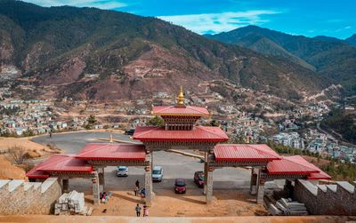 High angle view of buildings against mountain