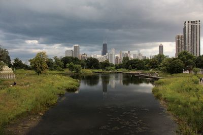 View of city buildings against cloudy sky