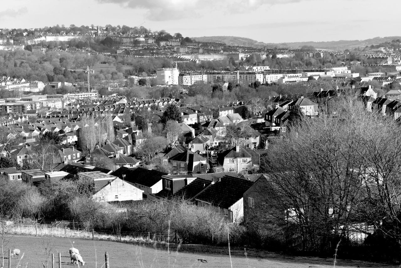 built structure, architecture, building exterior, house, crowded, outdoors, day, town, tree, sky, high angle view, residential building, community, nature, city, cityscape, people