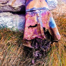 Close-up of rusty metal on field