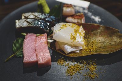 High angle view of sashimi served in plate