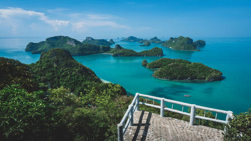 High angle view of bay against clear sky