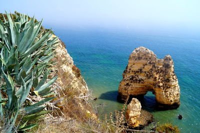 High angle view of rocks in sea against sky