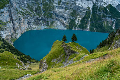 High angle view of lake and rocks