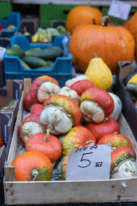 Pumpkins for sale at market stall