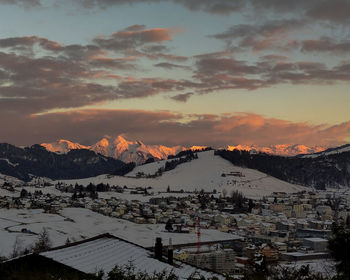 Aerial view of townscape against sky during winter