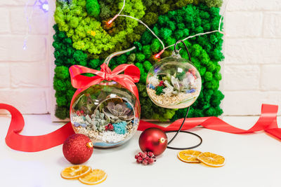 Close-up of christmas decoration on table