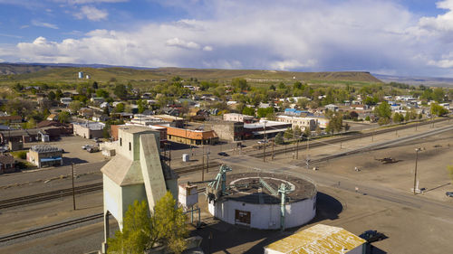 High angle view of road amidst buildings in city