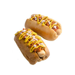 Close-up of hot dog against white background