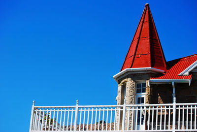 Low angle view of building against clear blue sky