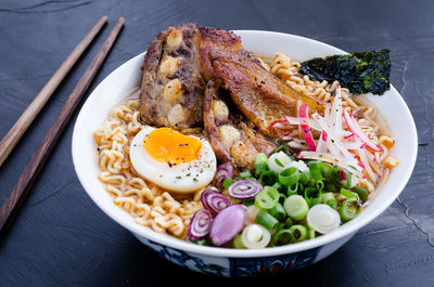 High angle view of food in plate on table