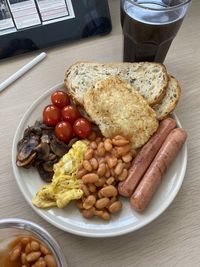 High angle view of breakfast served on table