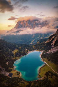 Scenic view of mountains against sky during sunset