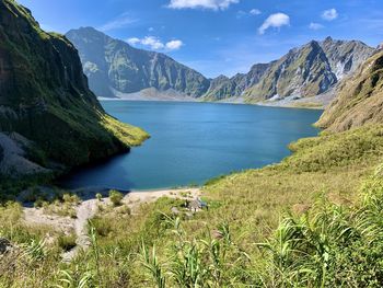 Scenic view of lake and mountains against sky