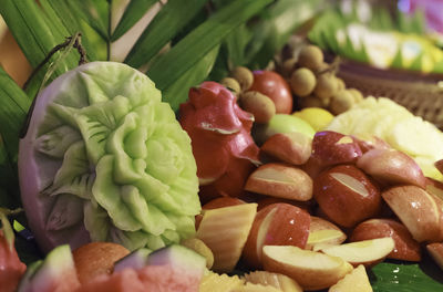 Close-up of fruits and vegetables in plate